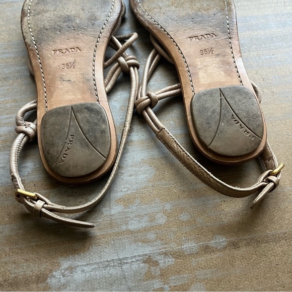 Prada Knotted Leather Sandals Boho Gladiator Preppy Casual Tan Western Womens 6 - Picture 9 of 10